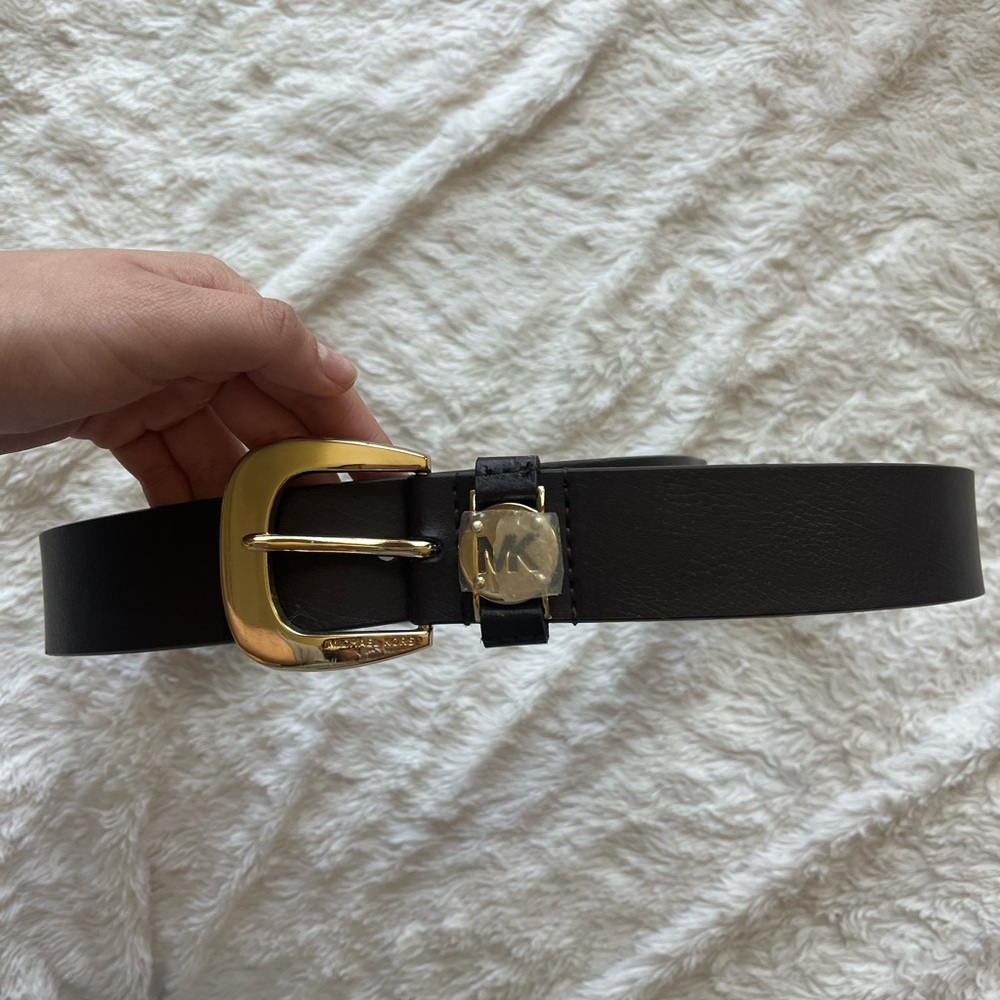 Michael Kors Black Leather Belt with Gold Buckle